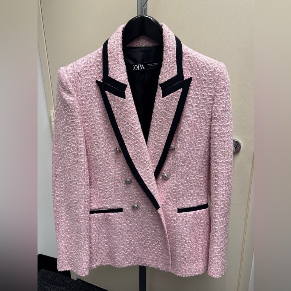 Zara Womens Pink Black Details Tweed Blazer Jacket Size S